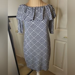 Source Unknown - Navy and White Diamond Bare Shoulder Dress, See Measure…